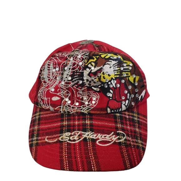 Ed Hardy Snapback Trucker Hat Tiger Plaid Embroidered Red Mesh Vintage Unisex - Picture 1 of 8
